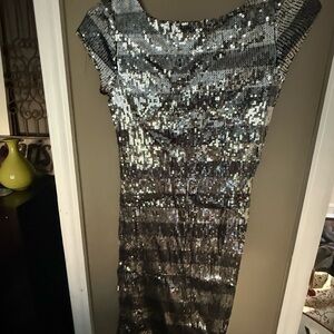 White House Black Market Silver Sequin Maxi Dress